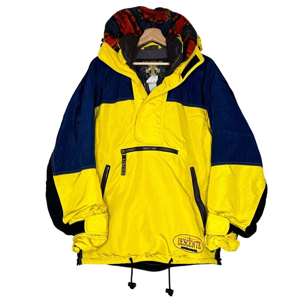 Descente 90s Rare VNTG HalfZip Retro Neon Yellow Parka Aztec Hood Ski Jacket M/L